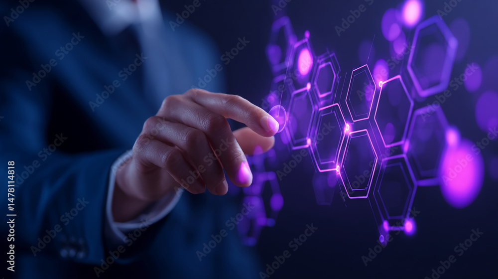 Poster close-up of hand interacting with a purple hexagonal network, representing digital connection, innov