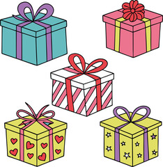 Vector Gift Box Collection: Outline, Color, and Ribbon Variations