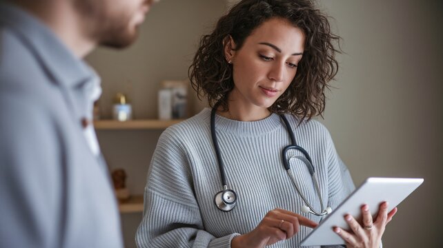 A female healthcare professional with curly hair using a tablet while engaging with a patient.