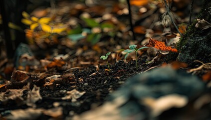 Obraz premium Tiny sprouts emerge from forest floor