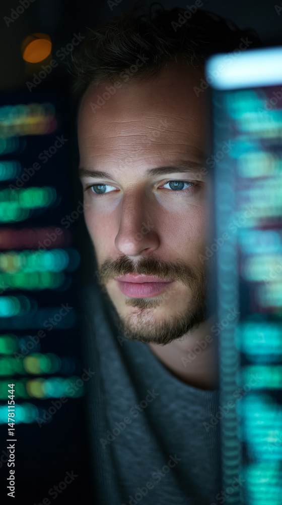 Poster close-up of a man's face, partially obscured by a computer screen displaying code, conveying focus, 