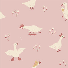 Silly Goose Seamless Vector Pattern playful ducks on pastel pink background for textile fabric