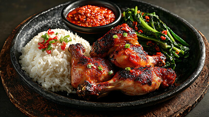 A hearty and appetizing dish featuring roasted chicken drumsticks with a golden-brown, crispy skin. The plate is served alongside fluffy white rice, fresh greens, and vibrant sauces