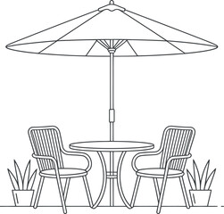 Simple Line Drawing of a Patio Table Set with Two Chairs Under a Parasol