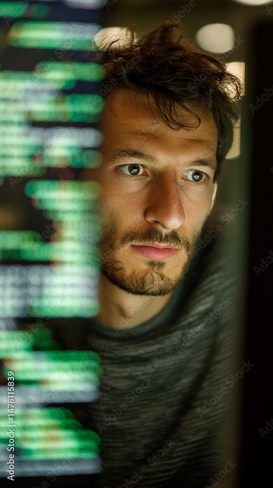 Aufkleber close-up of a man's face, partially obscured by a blurred computer screen displaying green code, con