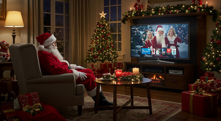 Santa Claus relaxes by watching television during the Christmas season