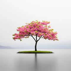Obraz premium Single pink flowering tree on a small island in calm water, minimalist, serene, peaceful atmosphere. Soft light, misty background. The tree's reflection is visible in the still water.