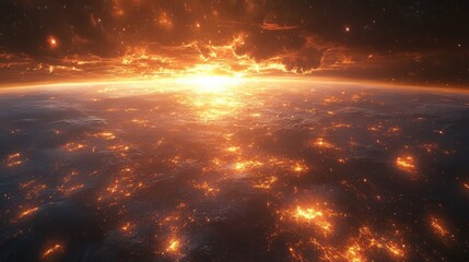 Obraz premium Fiery sunrise over a world engulfed in flames.