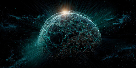 Abstract digital globe, teal network lines, glowing sunburst effect, dark background, symbolizing global connection, technology, and communication
