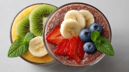Vibrant Fruit Bowls with Mango Kiwi Chocolate Chia Pudding Banana and