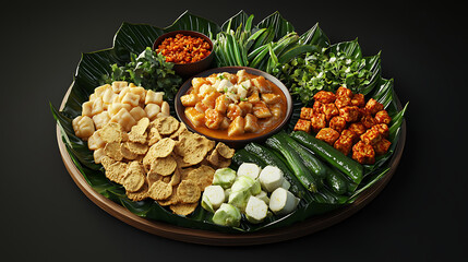 A vibrant and colorful spread of various dishes arranged on a dark plate. The assortment includes steamed vegetables, tofu, tempeh, pickled items, and sauces