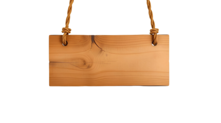 Photo of rustic wooden sign hanging from two twisted brown ropes isolated on transparent background.png