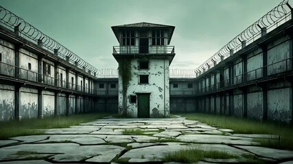 Abandoned Prison Yard With Watchtower And Cracked Concrete Ground - Powered by Adobe