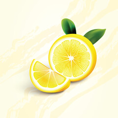 A sliced lemon with leaves showcasing its freshness and vibrant yellow color