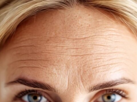 close-up of forehead with visible wrinkles of a woman face, botox, beauty 