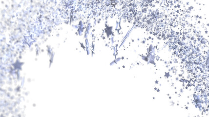 Fototapeta premium Sparkling silver stars and butterflies falling on white. Perfect for festive designs, cards, or backgrounds.