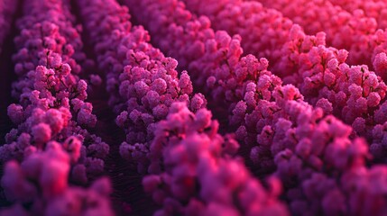 Vibrant rows of blooming flowers in a stunning landscape during golden hour