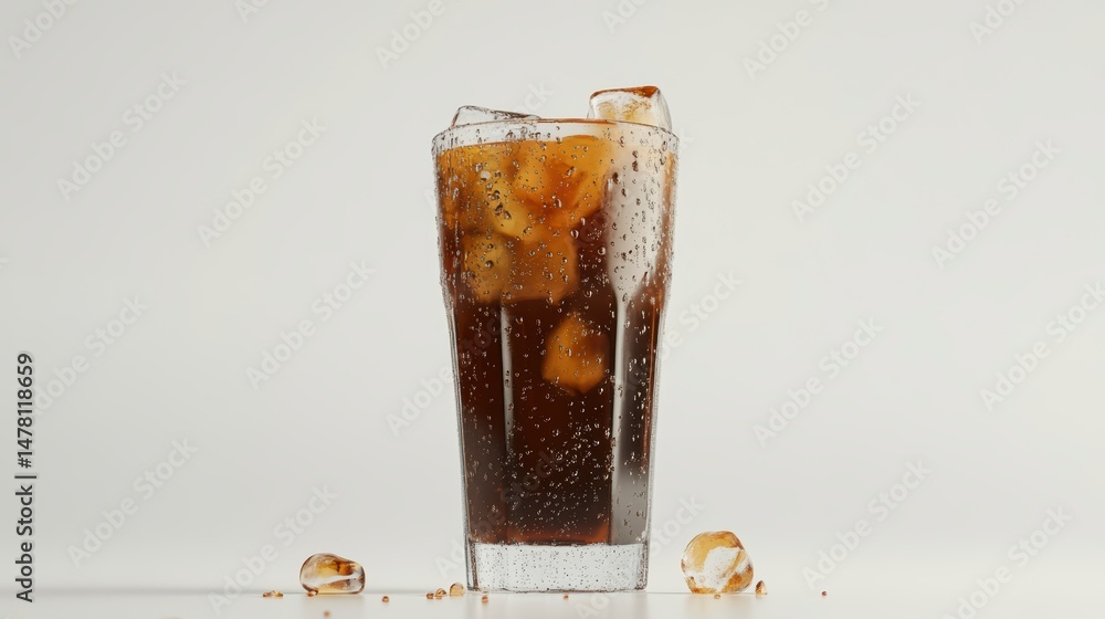 Poster refreshing iced cola drink in a glass with ice cubes on a white background.