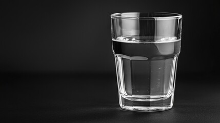 Clear glass filled with water on black background captures simplicity and freshness in minimalist composition