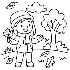 Line art coloring page featuring a smiling child holding fall leaves with autumn trees and nature around, designed for seasonal creativity and educational fun