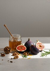 Fototapeta premium Sweet honey jar with fresh figs and nuts on a light background with copy space