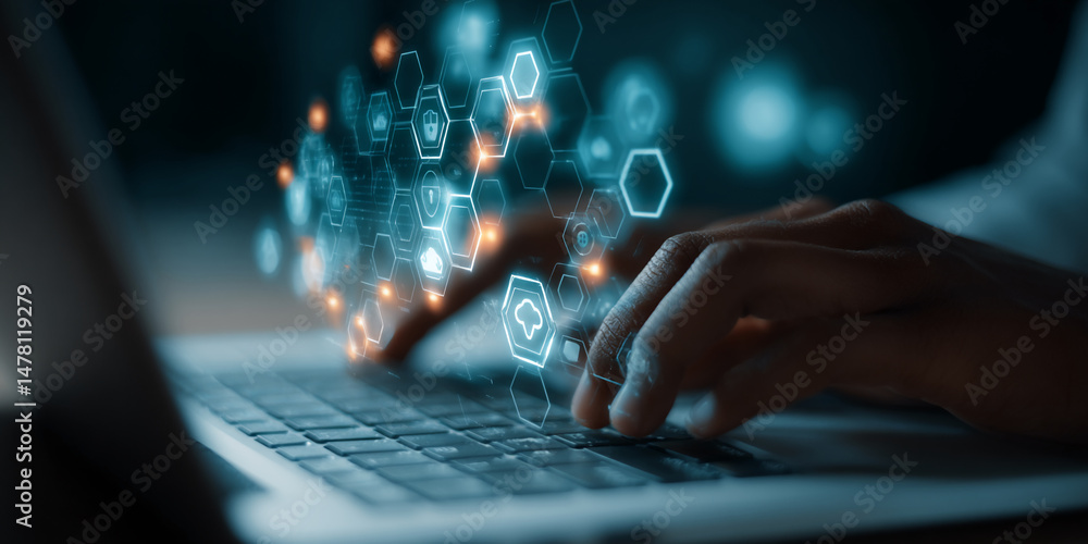 Poster hands typing on laptop keyboard, glowing hexagonal network icons above, symbolizing digital technolo