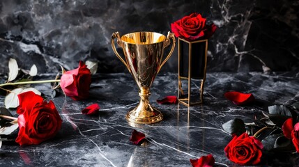 Elegant Golden Trophy Surrounded by Red Roses on Table