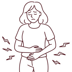 Minimalist line art of woman holding lower stomach in pain suffering from menstrual cramps, digestive issues, endometriosis, or abdominal health problems showing physical discomfort and internal