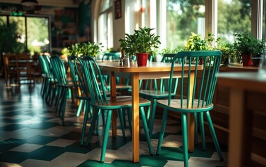 Fototapeta premium Vibrant Green Restaurant Interior with Natural Light and Cozy Ambiance