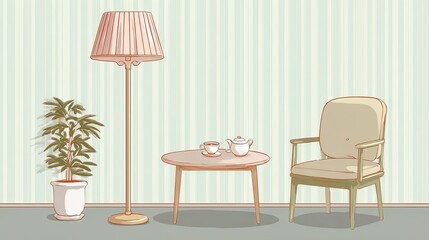 Fototapeta premium a floor lamp, table, and chair with a coffee set on it, a plant in a white pot