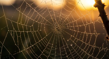 Fototapeta premium Delicate Spiderweb Dewdrops Glistening in Golden Light a Captivating Macro Shot Depicting Nature's Intricacy and the Serenity of Early Morning Sunlight