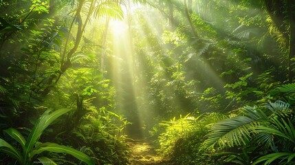 Obraz premium Sunlight streaming through lush tropical rainforest with dense green foliage
