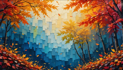 Autumn Landscape with Vibrant Orange, Red, and Yellow Leaves Against a Gradient Blue Background - A Beautiful Fall Scene with Falling Leaves and Colorful Foliage
