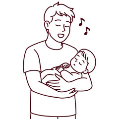 Black and white linear drawing of father holding newborn baby and singing lullaby, creating strong emotional bond, peace, and nighttime comfort