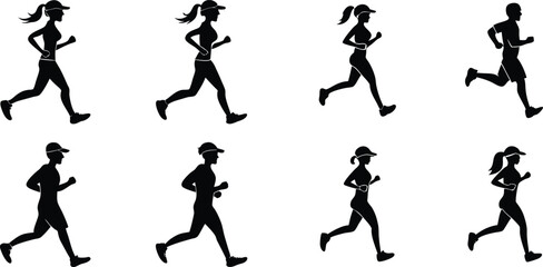 Silhouettes of people running on a white background