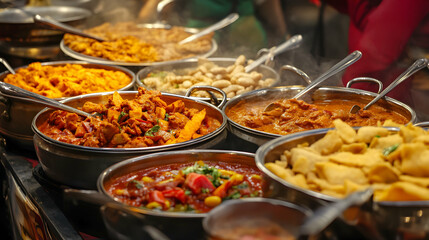Various prepared food dishes served in metal bowls at a market stall.