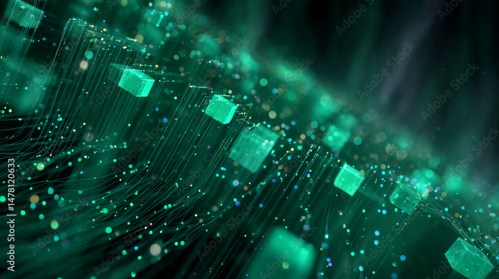 Poster abstract image of teal cubes and glowing lines, creating a dynamic, futuristic effect, symbolizing t