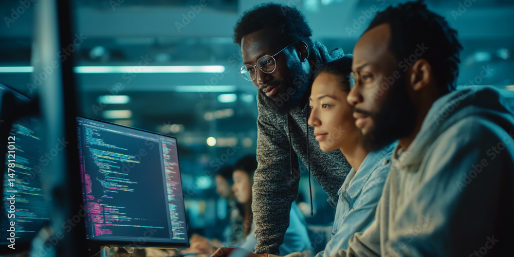 Poster three diverse programmers collaborate intensely over computer code, showcasing teamwork and late-nig