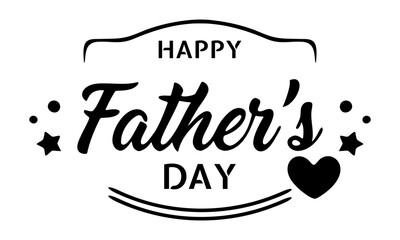 Handwritten black and white Fathers Day text design with decorative heart, stars, and playful typography isolated on transparent background, for greeting cards or digital use. Vector art.