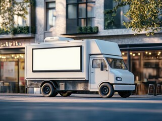 Blank Billboard Food Truck on City Street: A Serene Urban Scene