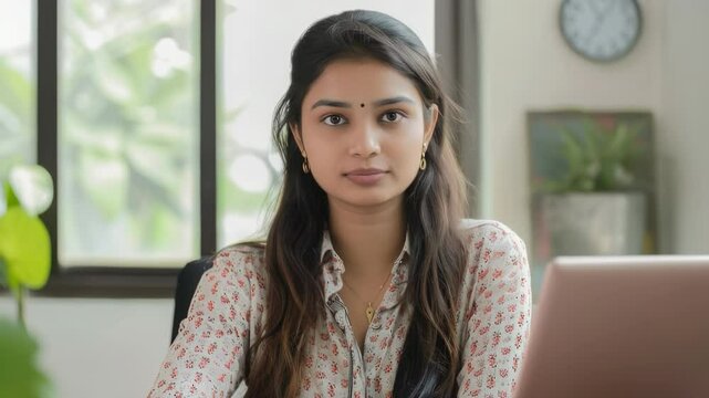 Portrait of a young woman speaking in a bright indoor setting, using a laptop for video call