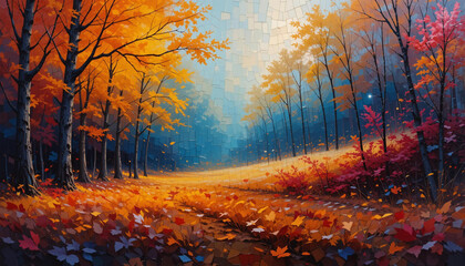 Autumn Forest Path with Vibrant Red, Orange, and Yellow Leaves Falling - A Beautiful Scenic Landscape with Colorful Trees and a Gradient Sky