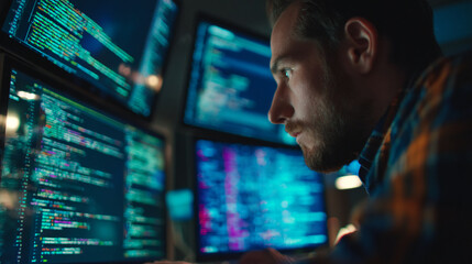 Close-up of a man intently focused on multiple computer screens displaying lines of code, depicting concentration and dedication in software development