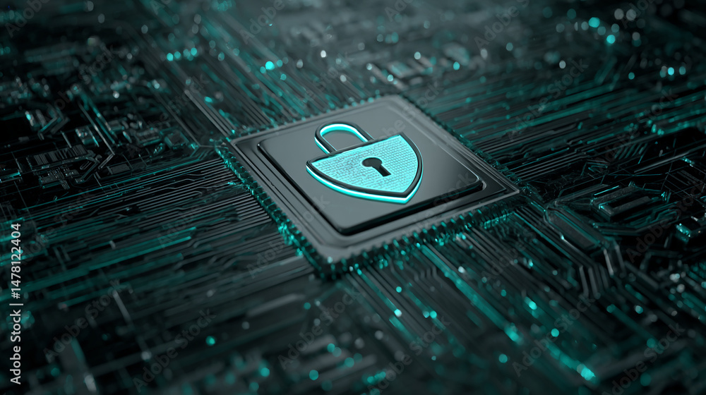 Poster cybersecurity concept image featuring a glowing padlock icon on a dark circuit board, symbolizing di