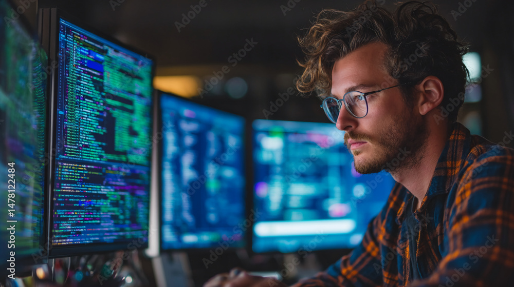 Poster focused young man in glasses, working late at night on multiple computer screens displaying lines of