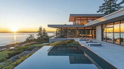 Fototapeta premium Modern Waterfront House With Infinity Pool and Sunset Views, Trees, Ocean, and Clear Sky