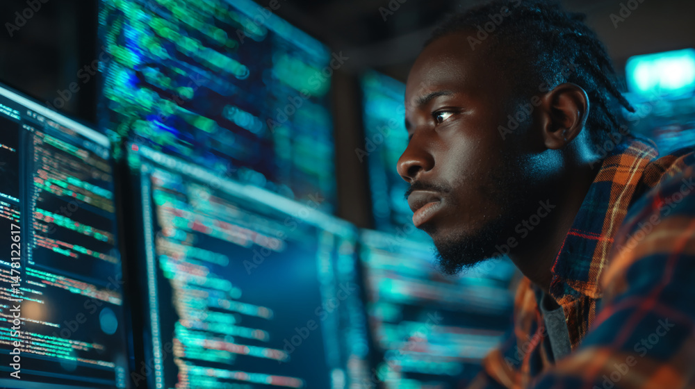 Poster close-up of a young black man focused on multiple computer screens displaying lines of code, showcas