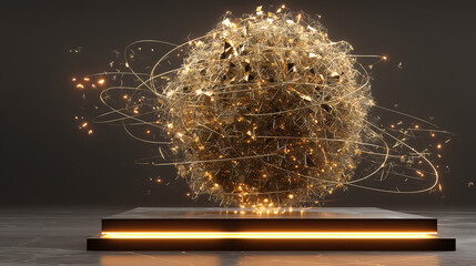 exploding geometric orb made of gold shards and glowing wires