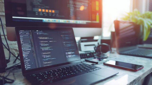 Laptop displaying code on a desk with computer and phone, bright workspace