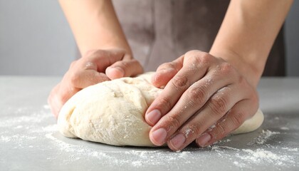 Obraz premium Person kneading dough, hands close-up. A person kneads dough on a floured surface. The person is wearing a brown apron. The scene focuses on the person's hands and the dough